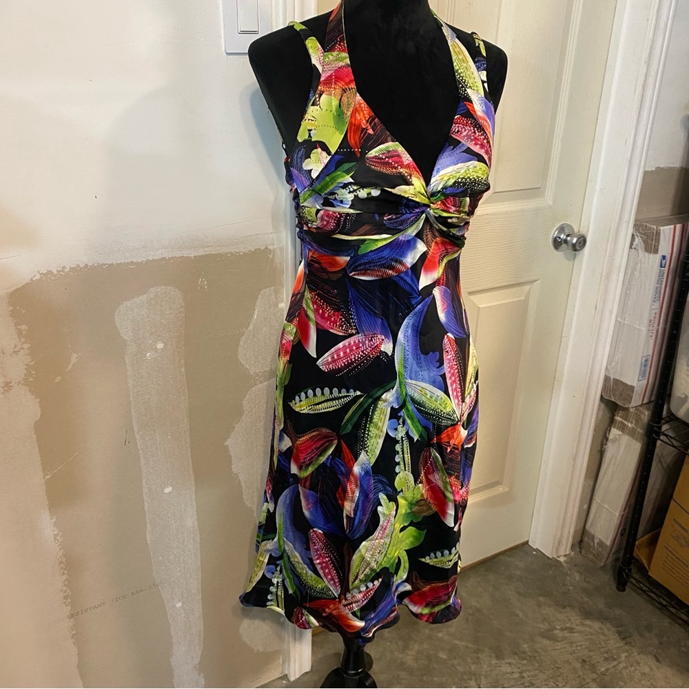 Cache Blue and Yellow Halter Cocktail Midi Dress NWT Abstract Multi Colored